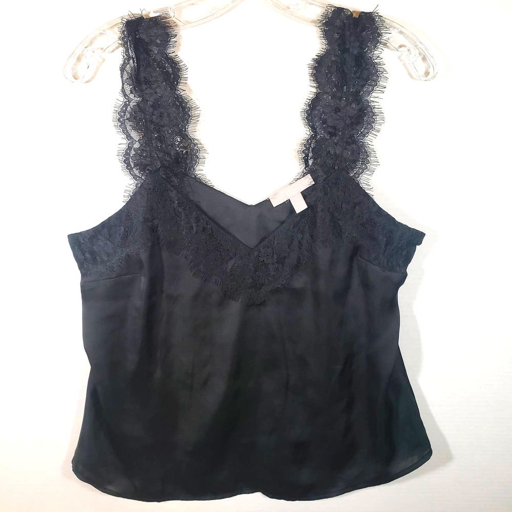 Chelsea 28 Black Satin Lace Trim Cami Tank Top Sz M V-Neck